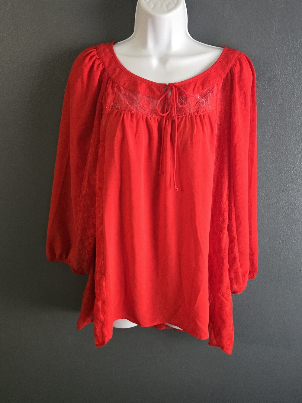 Figueroa & Flower Red Balloon Sleeve Peasant Lace Boho Chic Romantic Blouse XL